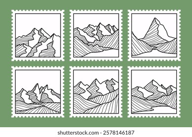 Set of stamp post mail retro with mountain line art vector illustration, postage sticker collection, etc