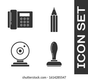 Set Stamp, Telephone, Web camera and Pencil icon. Vector