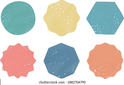 A set of stamp-like faint frames and background illustrations such as circles, hexagons, octagons, wavy lines, and jagged edges.