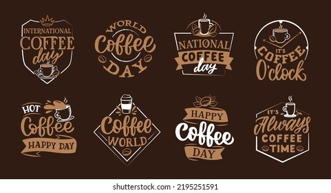 The set of stamps about an international coffee day. The lettering quotes in the form of stamps for the holiday banners