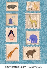 Set of stamps with cartooned animals, hand drawn vector