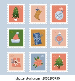 Conjunto de sellos con elementos navideños. Ilustraciones vectoriales planas