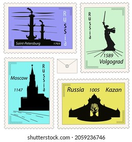 
 set of stamps depicting the sights of Russian cities. Moscow, St. Petersburg, Kazan, Volgograd.