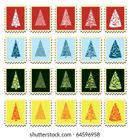 set of stamps with different christmas trees