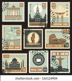 set of stamps from different countries with architectural landmarks