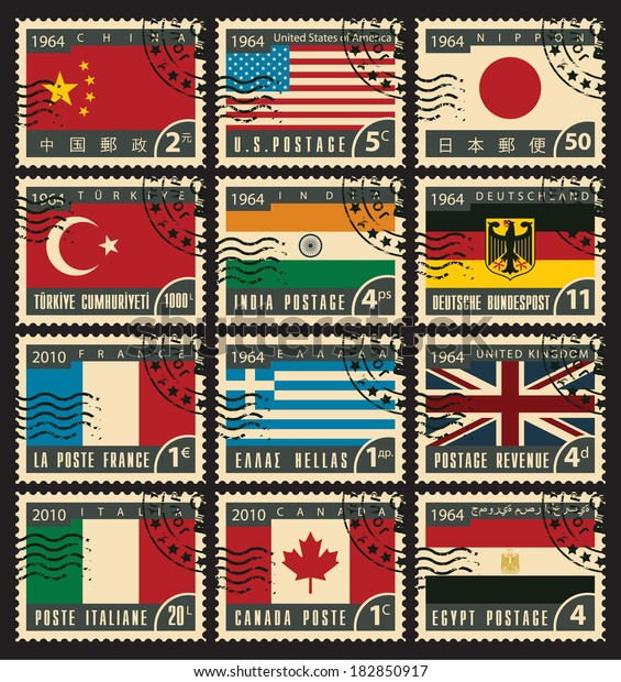 Set Stamps Flags Different Countries Vector De Stock Libre De