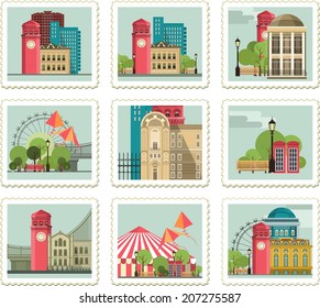 set of stamps with the image of buildings and cities in retro style 