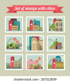 set of stamps with the image of buildings and cities in retro style 