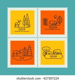 set of stamps with the image of nature and animals in the modern linear style