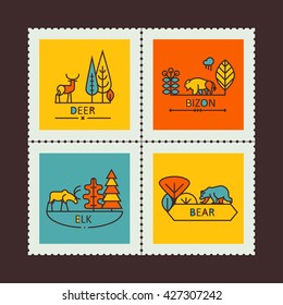 set of stamps with the image of nature and animals in the modern linear style