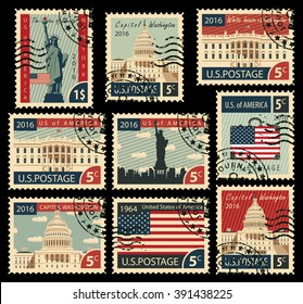 set of stamps with the image of the United States of America architectural landmarks