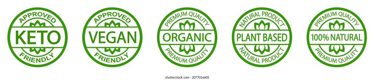 Set of stamps: keto, vegan, organic, plant based, 100% natural. Premium quality logo badge. Ketogenic diet approved.