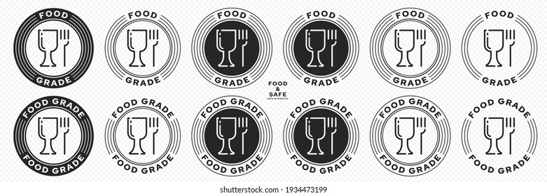 Set of stamps. Labeling - food grade or food safe material. Glass and fork flat icon stamp set. Vector grouped elements.