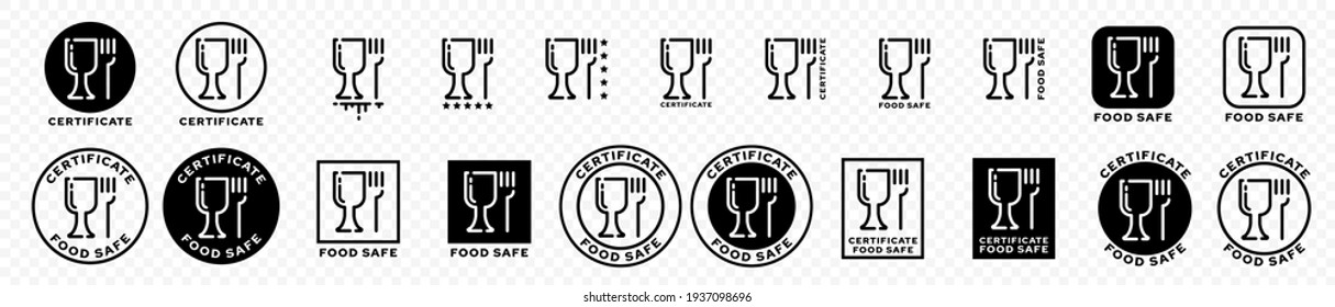 Set of stamps. Labeling - not food grade or non food grade materials. Glass and fork flat icon stamp set. Vector grouped elements.