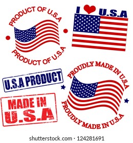Set of stamps and labels with the text made in USA written inside