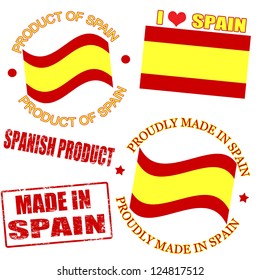 Set of stamps and labels with the text made in Spain written inside