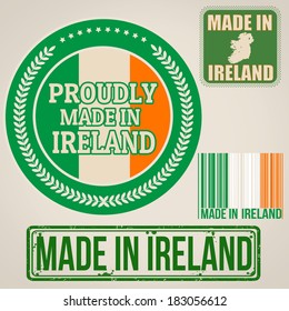 Set of stamps and labels with the text made in Ireland written inside on retro background, vector illustration