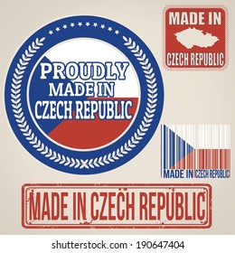 Set of stamps and labels with the text made in Czech Republic written inside on retro background, vector illustration