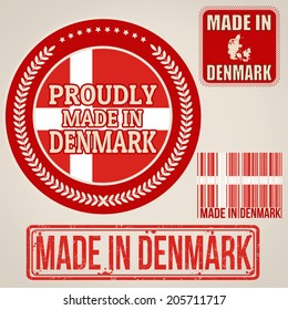 Set of stamps and labels with the text made in Denmark written inside on retro background, vector illustration