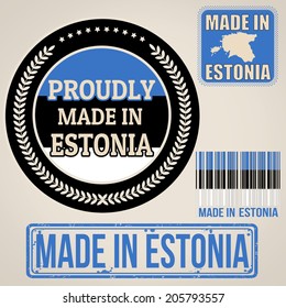 Set of stamps and labels with the text made in Estonia written inside on retro background, vector illustration