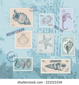 Briefmarkensatz mit Zeilenziehschalen, handgezeichnete Vektorgrafik
