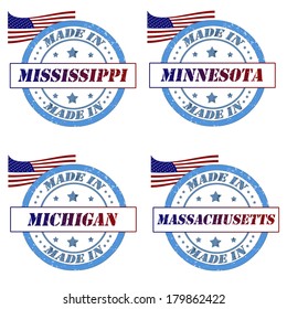 Set of stamps with made in mississippi,minnesota,michigan,massachusetts