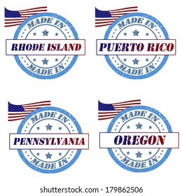 Set of stamps with made in rhode island,puerto rico,pennsylvania,oregon