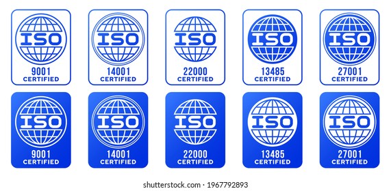 A set of stamps for marking products. Certificate - ISO (International Organization for Standardization). A set of international standards for the quality of services and goods. Vector elements.