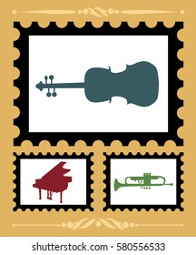 Set of stamps with musical instruments. Vector illustration.
