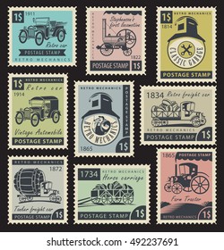 set of stamps on the theme of road and rail transport in retro style
