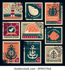 set of stamps on the theme of seafood restaurants