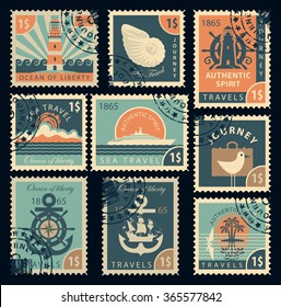 set of stamps on the theme of travel by sea in retro style