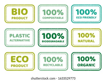 A set of stamps on the topic of environmentally friendly and biodegradable products. Saving the health of the planet and people. Stock vector illustration.