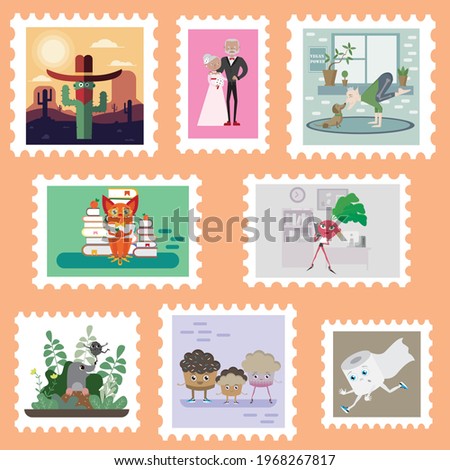 Set of stamps with original themes vector