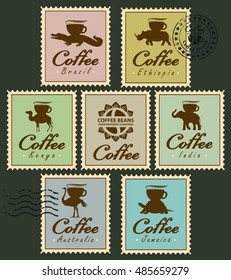 Set of stamps with pictures of animals from different countries, carrying coffee