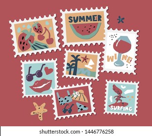 Set of stamps, postage stamp with colorful summer icons in paper cut style. Hand drawn vector illustration