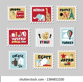 Set of stamps, postage stamp with country landmarks, iconic symbols in paper cut style. London, Africa, Turkey, Greece, Japan, Italy, France, Austria, Egypt. Hand drawn vector illustration