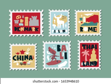 Set of stamps, postage stamp with country landmarks, iconic symbols in paper cut style. Denmark, Finland, Rome, China, Bali, Thailand. Hand drawn vector illustration