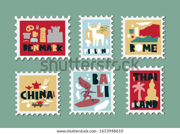 Set of stamps, postage\
stamp with country landmarks, iconic symbols in paper cut style.\
Denmark, Finland, Rome, China, Bali, Thailand. Hand drawn vector\
illustration