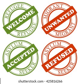 Set of stamps - process of approval / refusal of migrant as refugee. Affirmative or negative decision to get asylum or to be deported. Transparent simple graphic