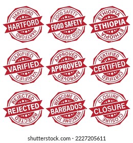 Set of Stamps. Red and textured. Grunge. Distressed Texture. Post  Collection. All in One  Vector Stamps. Distressed overlay circle mark text. EPS10 vector.