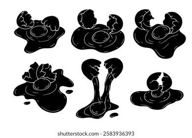 Set of stamps, silhouettes of broken chicken eggs with yolk and white flowing out. Vector graphics.