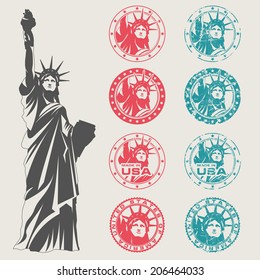 Set of stamps with statue of Liberty. Grunge style.