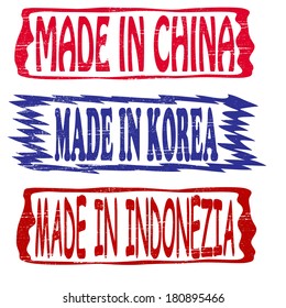 Set of stamps with text made in China made in Korea and made in Indonesia inside,vector illustration