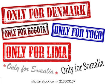 Set of stamps with text only for Somalia Togo Lima Bogota and Denmark inside, vector illustration