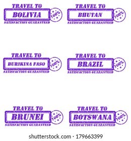 Set of stamps travel to bolivia,bhutan,brazil,brunei,botswana,burikina faso