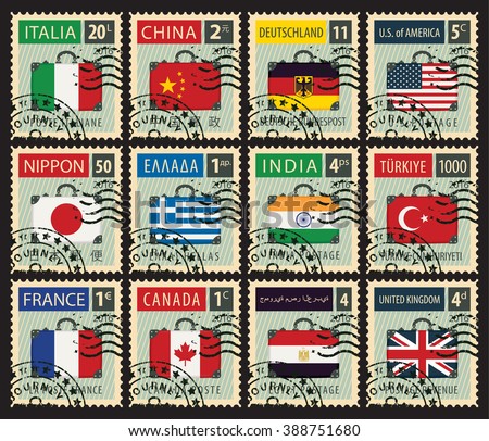 set of stamps with a travel suitcase with flags of different countries