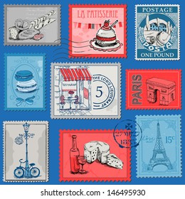 Set of Stamps - Vintage Paris and France - for design and scrapbook - in vector