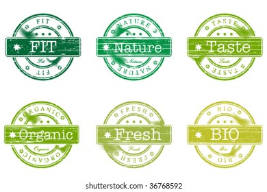 Set of stamps with words bio, fit, nature, organic, fresh and taste