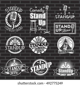 Set of stand up comedy show white labels and logos with black background. Vector badges and stickers